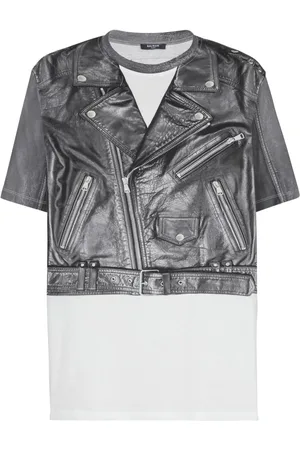 Balmain Top, Herre, Sort, L, Bomuld, T-shirt med Biker Jakke Print