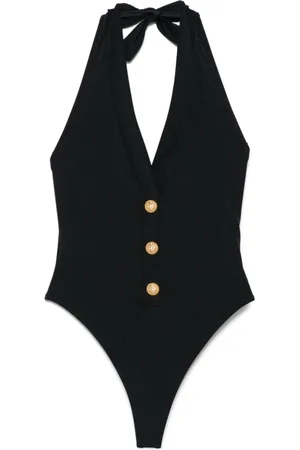 Balmain Badetøj, Dame, Sort, XL, Uld, Sort Badedragt med Guld Knapper