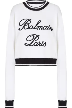 Balmain Strik, Dame, Hvid, M, Strikket Crew Neck Sweater Broderet Logo