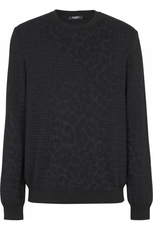 Balmain Strik, Herre, Sort, L, Bomuld, Monogram strik og leopardmønster jumper