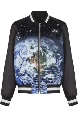Balmain Jakke, Herre, Flerfarvet, L, Satin, Trykt Earth and Stars bomberjakke