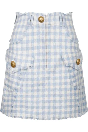 Balmain Nederdel, Dame, Blå, XS, Tweed, Blå Gingham Tweed A-Line Nederdel