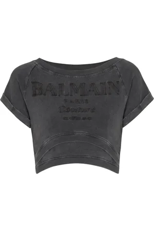 Balmain Top, Dame, Grå, XS, Bomuld, Cropped Couture Broderet T-shirt