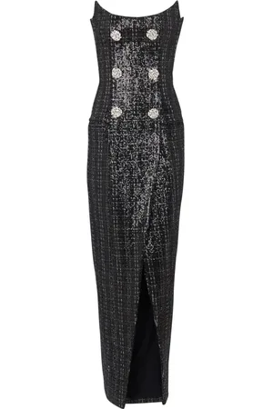 Balmain Kjole, Dame, Sort, 2XS, Tweed, Stropløs Lang Tweed Kjole med Glitter