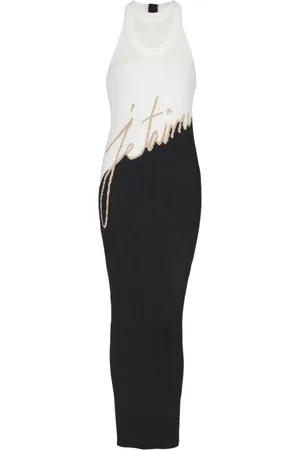 Balmain Kjole, Dame, Hvid, S, Polyester, Midi Kjole med Logo Intarsia