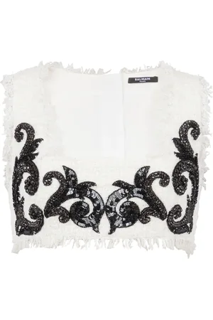 Balmain Top, Dame, Hvid, S, Tweed, Barok stropløs tweedtop