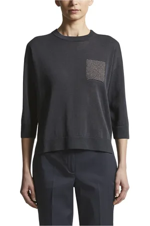 PESERICO SIGN Strik, Dame, Blå, M, Bomuld, Linned og bomuld crepe sweater