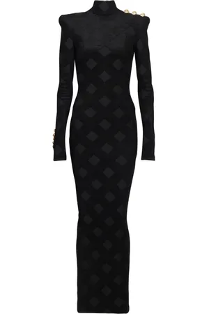 Balmain Kjole, Dame, Sort, XS, Uld, Lang gingham bouclé kjole