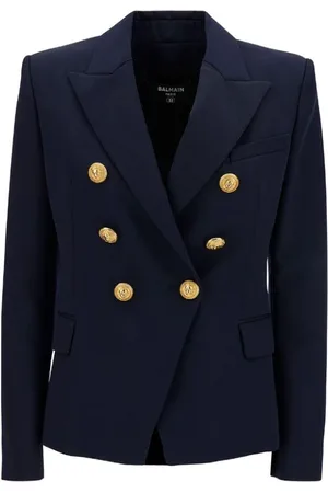 Balmain Jakke, Dame, Blå, M, Uld, Blå Dobbeltbrystet Uldjakke med Peak Revers