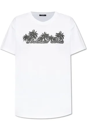 Balmain Top, Dame, Hvid, XL, Bomuld, Palm-print Cotton T-shirt