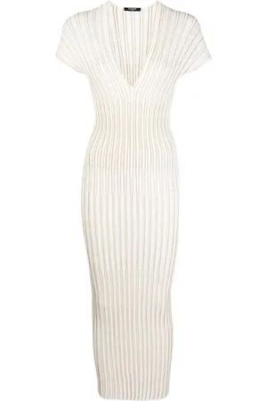 Balmain Kjole, Dame, Hvid, S, Uld, Midi Strikærmeærmet VHals Kjole