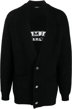 Balmain Strik, Herre, Sort, 2XL, Intarsia-Strik Logo V-Hals Cardigan