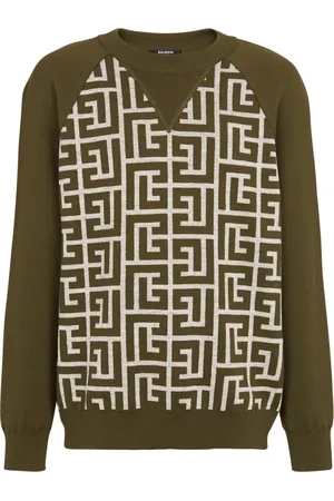 Balmain Strik, Herre, Grøn, L, Uld, Uldtrøje med monogram