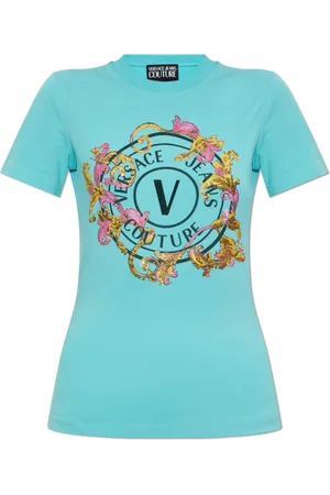 VERSACE Top, Dame, Blå, XS, Bomuld, T-shirt med tryk og skinnende applikationer