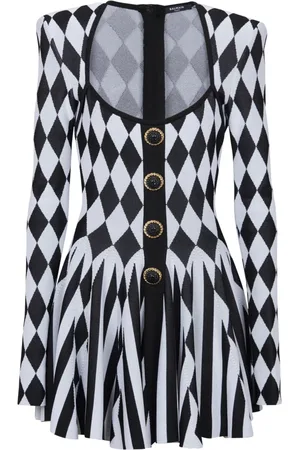 Balmain Kjole, Dame, Sort, L, Uld, Diamond Jacquard Flared Strikkjole