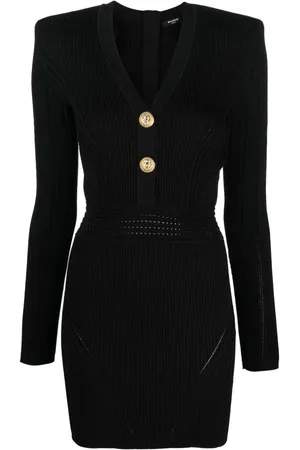Balmain Kjole, Dame, Sort, L, Nylon, Sort V-Neck Strik Mini Kjole