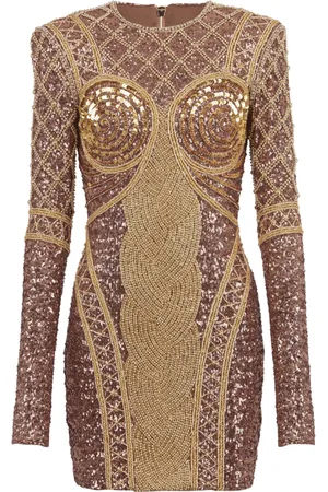 Balmain Kjole, Dame, Gul, XS, Uld, Kort broderet kjole