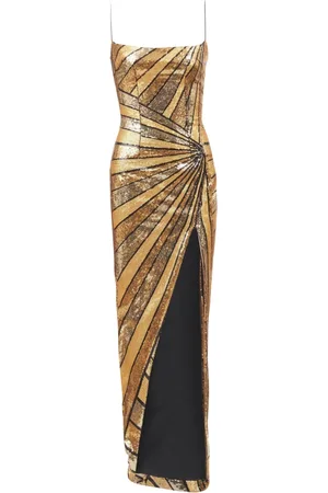 Balmain Kjole, Dame, Gul, 2XS, Polyester, Lang kjole med pailletbroderi