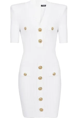Balmain Kjole, Dame, Hvid, S, Uld, V-hals Strikket Mini Kjole