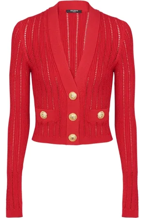Balmain Strik, Dame, Rød, 2XS, Cropped Strik Cardigan