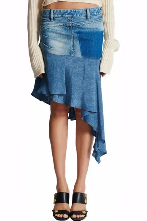 Balmain Nederdel, Dame, Blå, XS, Denim, Asymmetrisk denim kort nederdel