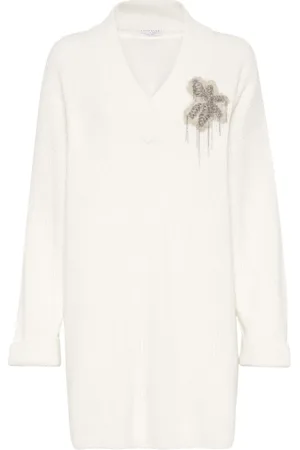 Brunello Cucinelli Strik, Dame, Hvid, M, Cashmere, Kashmir Perlebesat Kjole