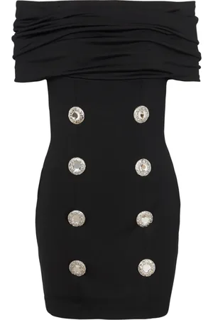 Balmain Kjole, Dame, Sort, 2XS, Uld, Off-Shoulder Jersey Kjole med Dekorativ Knap