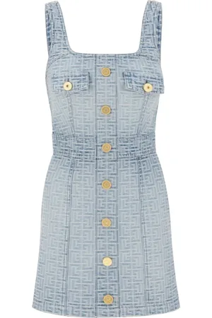 Balmain Kjole, Dame, Blå, M, Denim, Monogram Denim Mini Kjole