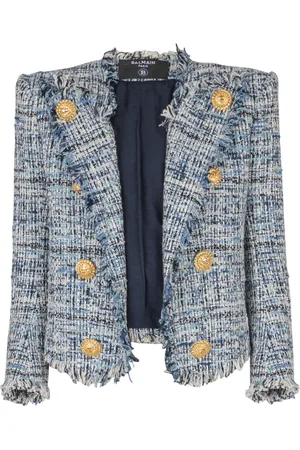Balmain Jakke, Dame, Blå, S, Tweed, Kort tweed jakke med kant-til-kant og 8 knapper
