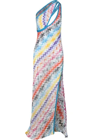 Missoni Kjole, Dame, Flerfarvet, M, Uld, Enskulders strikkjole med sideslidse