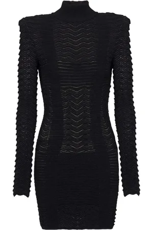 Balmain Kjole, Dame, Sort, XS, Uld, Tekstureret Chevron Minikjole