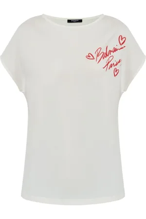 Balmain Top, Dame, Hvid, S, Hvid Top med Hjerte Grafik Korte Ærmer