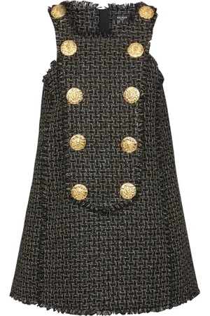 Balmain Kjole, Dame, Sort, M, Tweed, Ærmeløs Lurex Tweed Kjole med Knapper