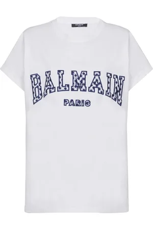 Balmain Top, Dame, Hvid, 2XL, Bomuld, T-shirt med gingham mønster i Paris design