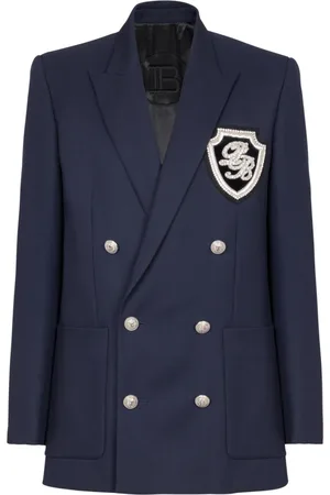 Balmain Jakke, Herre, Blå, S, Uld, Twill blazer med broderet PB Signature badge