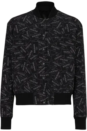 Balmain Jakke, Herre, Sort, XL, Satin, Trykt mærkat bomberjakke