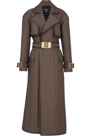 Balmain Frakke, Dame, Brun, XS, Bomuld, Mini monogram jacquard trench coat
