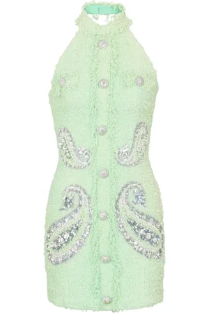 Balmain Kjole, Dame, Grøn, 2XS, Tweed, Ærmeløs Tweed Kjole med Paisley Mønster