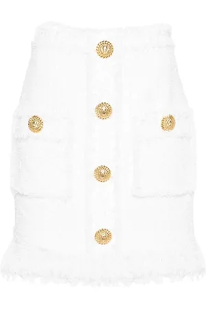 Balmain Nederdel, Dame, Hvid, S, Tweed, Højtaljet Tweed Nederdel med Frynser
