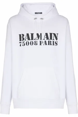 Balmain Sweathshirts & Hoodies, Herre, Hvid, 3XL, Bomuld, Stap trykt hættetrøje