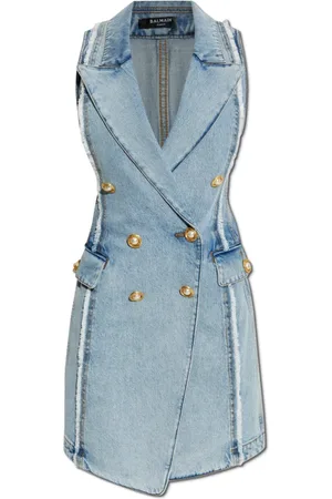 Balmain Kjole, Dame, Blå, M, Denim, Denim kjole med rå finish