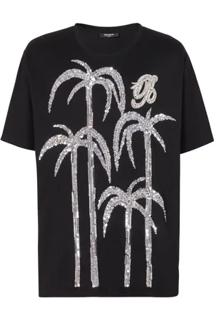 Balmain Top, Herre, Sort, M, Bomuld, Palmetræ broderet T-shirt
