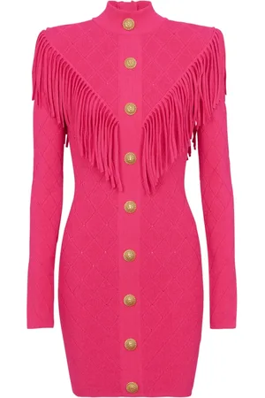 Balmain Kjole, Dame, Lyserød, S, Polyester, Kort frynset finstrikket kjole