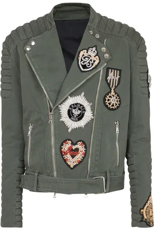 Balmain Jakke, Herre, Grøn, XL, Denim, Denim Biker Jakke med Broderede Mærker
