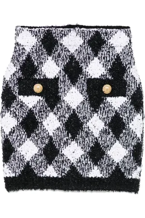 Balmain Nederdel, Dame, Sort, S, Uld, Gingham Check Nederdel med Metallisk Tråd