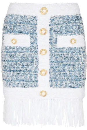 Balmain Nederdel, Dame, Blå, M, Tweed, Powder Tweed Nederdel med Frynser