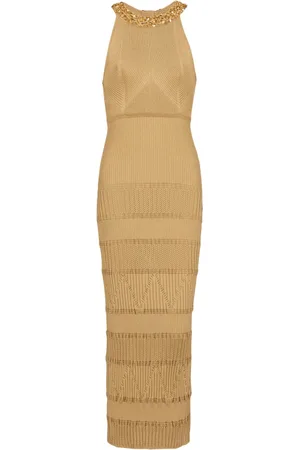 Balmain Kjole, Dame, Brun, M, Uld, Broderet strikket midi kjole