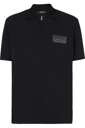 Balmain Top, Herre, Sort, XL, Bomuld, Bomuldspolo med læder Couture-mærke