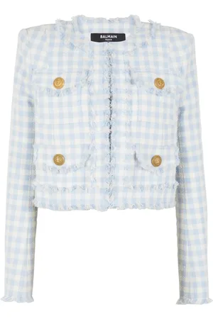 Balmain Jakke, Dame, Blå, L, Tweed, Gingham tweed jakke