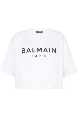 Balmain Top, Dame, Hvid, M, Bomuld, afkortet bomulds T-shirt med logoprint